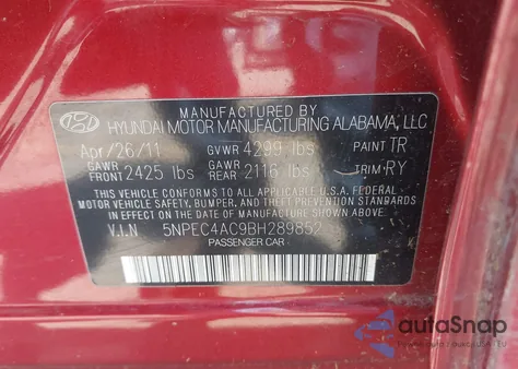 2011 Hyundai Sonata Se из США, поврежденный, VIN 5NPEC4AC9BH289852